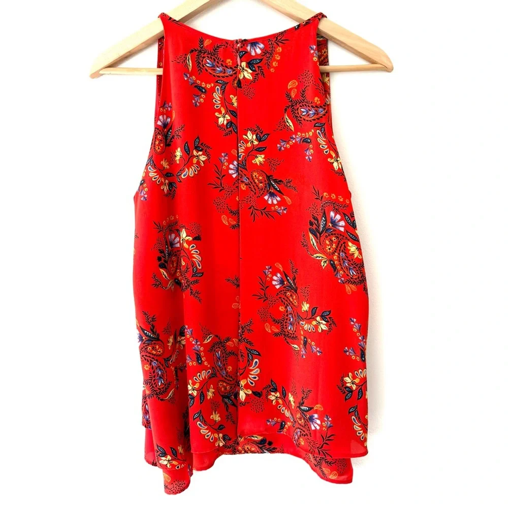 Emma & Olivia Red Floral Sleeveless Layered Flowy Lightweight Crepe Boho Top - Picture 2 of 8